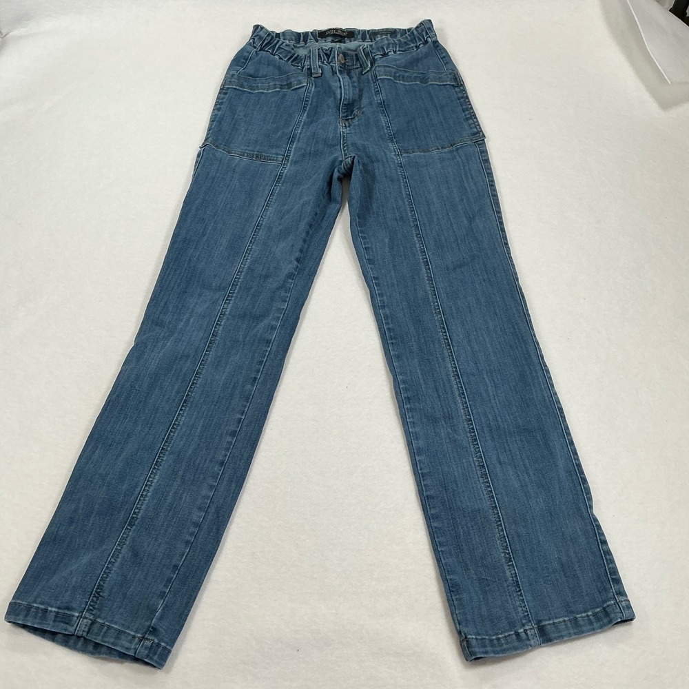 Judy Blue Straight Leg Jeans Medium Wash Elastic Waist Seam Front 5/27